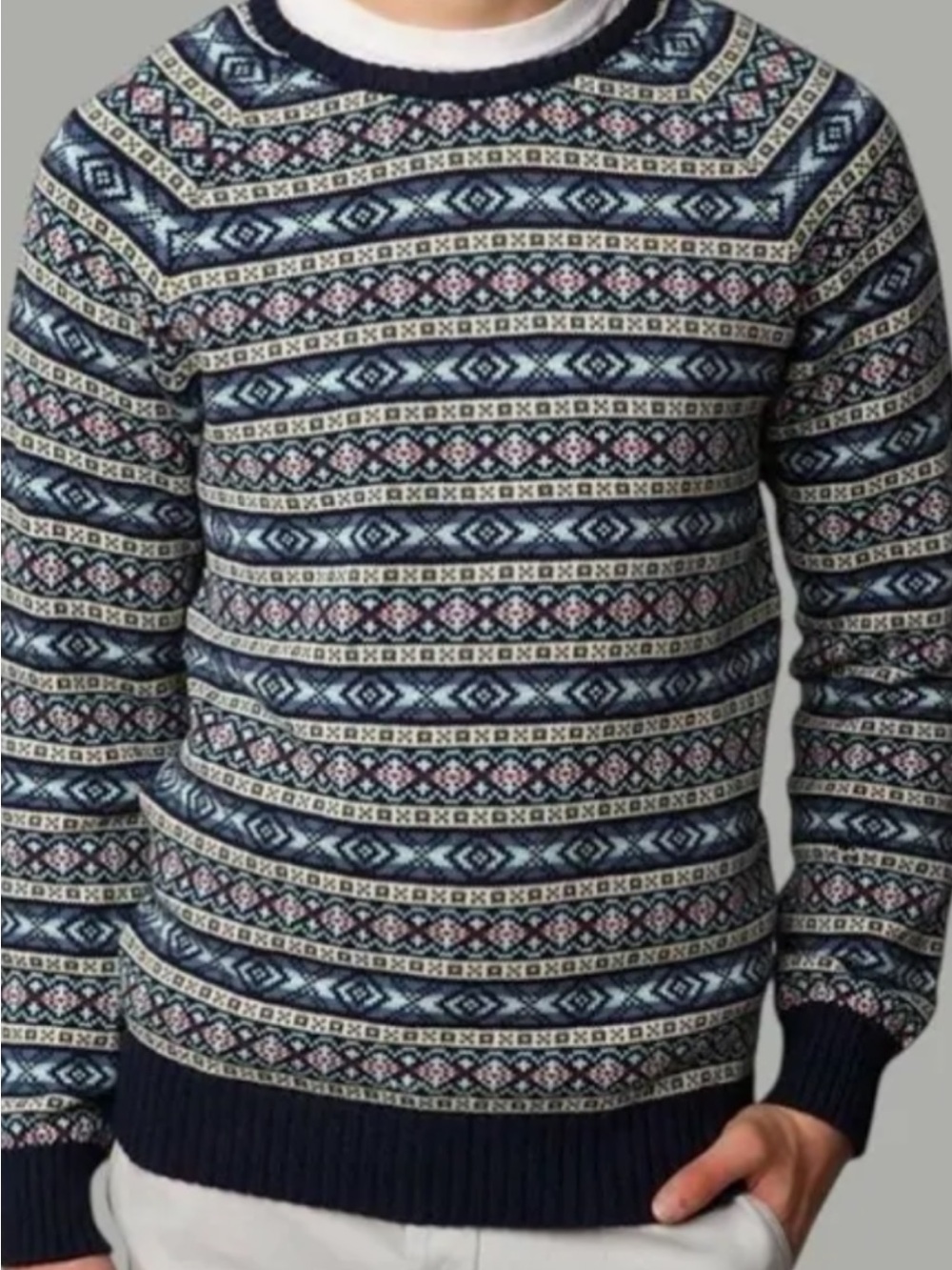 Urban Outfitters Navy Fair Isle Crewneck Sweater with Multicolor Pattern CPO
